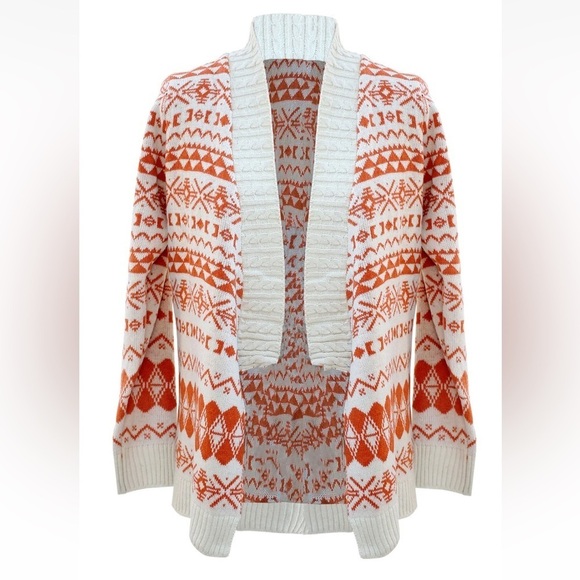 AZTEC PRINT LONG Open Knit Cardigan Sweater Southwest Orange Ivory Boho - Picture 10 of 10
